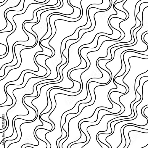 Abstract vector seamless floral background of doodle hand drawn lines. Monochrome wave pattern. Coloring book page. Black white wallpaper.