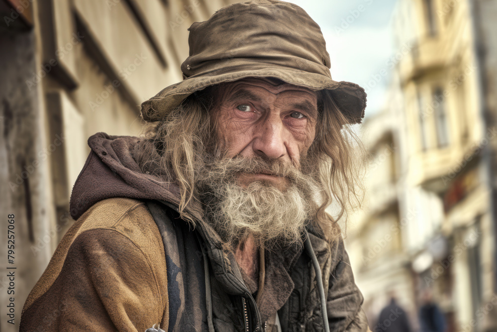 Portrait of a homeless man on the street.