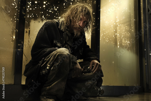 Homeless man sitting on the street in the shadow of the building and begging for help and money.
