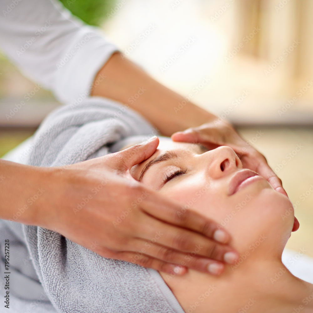 Woman, hands and face with masseuse in spa for luxury skincare, wellness and relax. Facial care, massage and dermatology outdoor for peace, glow treatment and cosmetic therapy with salon aesthetic Woman, hands and face with masseuse in spa for luxury skincare, wellness and relax. Facial care, massage and dermatology outdoor for peace, glow treatment and cosmetic therapy with salon aesthetic