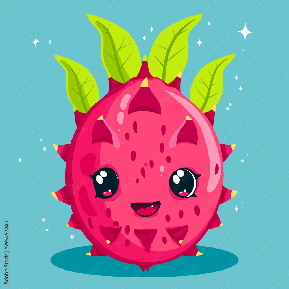 Fototapeta premium A cartoon Dragonfruit with a green leaf on top