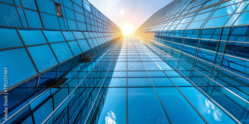 A blue sky with a sun shining on a tall building. The building is made of glass and has a reflective surface