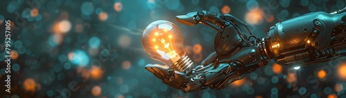 A steampunk robot hand holding a glowing light bulb against a blurred background of blue and orange lights.