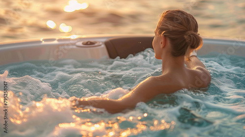 Young Woman Sits In The Whirlpool And Relaxes  Enjoying A Spa Day. Ideal For Wellness  Self-Care  And Relaxation Themes.