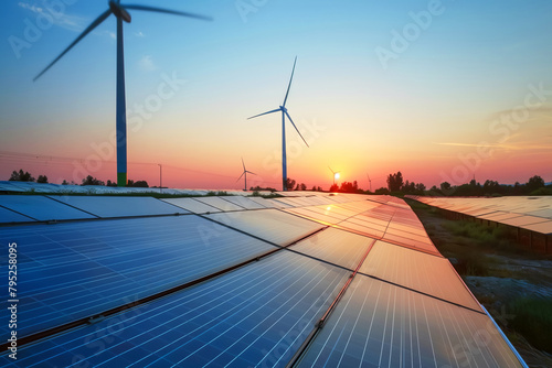 Wind turbines and solar panels at sunset. Concept: eco-friendly renewable energy, alternative technologies. Generative AI © Irina Ermakova