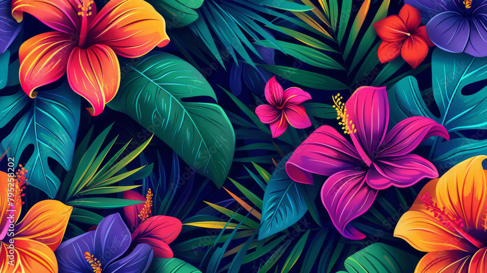 Tropical Garden Botanical Composition. Bright Exotic Flowers and Lush Foliage