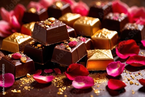 Assorted luxury chocolate with gold foil and rose petals © Kheng Guan Toh