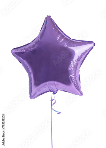 Flying one toy balloon inflated with helium of bright metallic purple or violet colour of star shape with ribbon isolated on white background used as greeting surprise gift for celebration of birthday