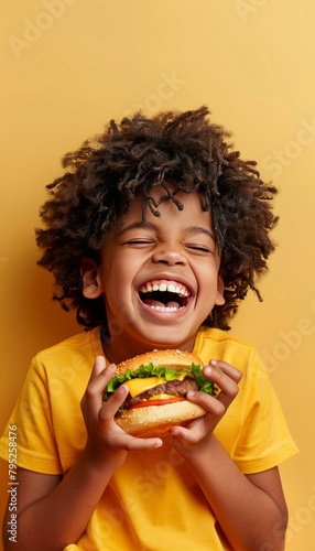 Young boy savoring a delicious hamburger on pastel backdrop with ample room for text placement