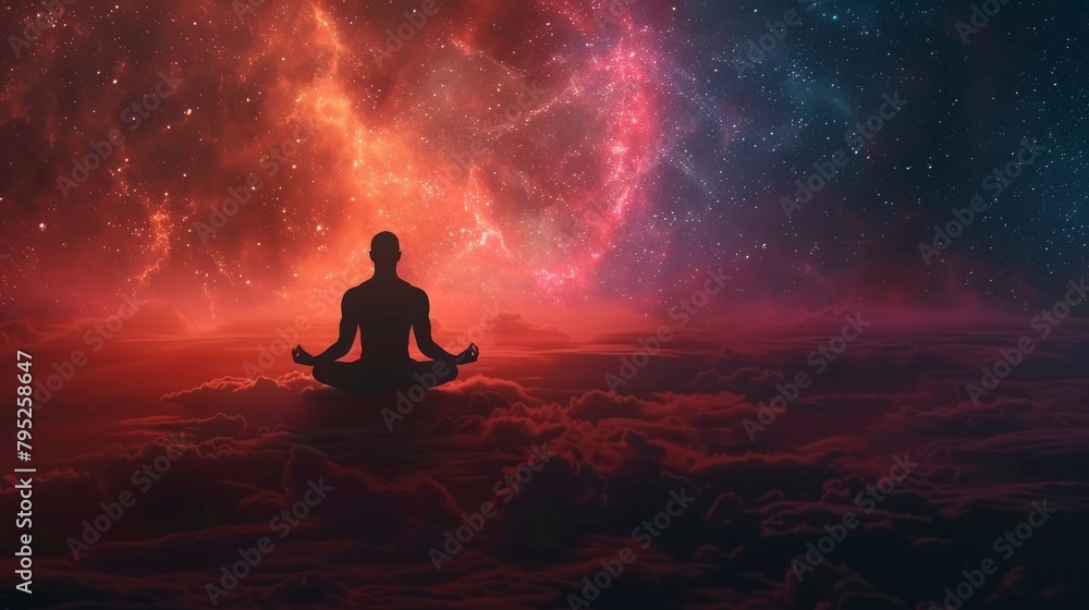 Abstract cosmic silhouette of a man sitting in the lotus position during meditation