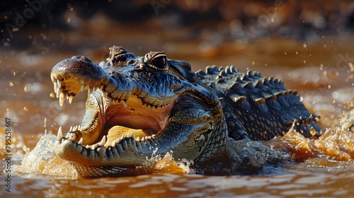Saltwater crocodiles erupt from the Hunter River. in the Kimberley area of Western Australia It is a powerful and provocative depiction of the actions of one of nature's most formidable predators. photo