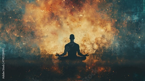 Abstract cosmic silhouette of a man sitting in the lotus position during meditation