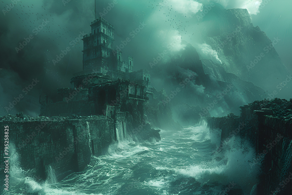 Devastation of the Seas,
A painting of a ship in the ocean with a castle in the background.
