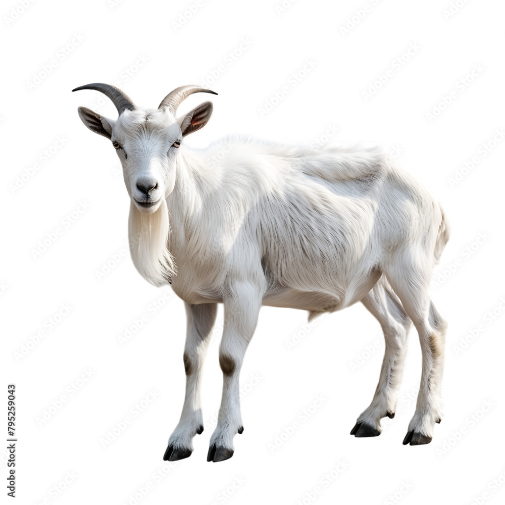 A white goat with brown horns standing in front of a white background.