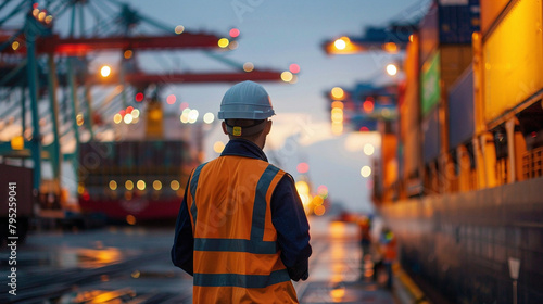 Worker In A High-Visibility Vest Stands At The Cargo Port, Suitable For Industrial, Transportation, And Logistics Themes