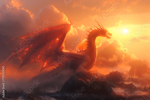 Dragon in the Mountains with Fire, A dragon with orange eyes and a red head is in the sky. 