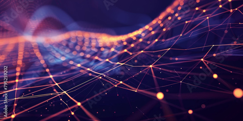 Fototapeta Naklejka Na Ścianę i Meble -  A dark purple background with blue and yellow lines geometric polygonal space low poly network nodes with connected dots and lines on dark blur blue tone background. Concept for digital technology, 