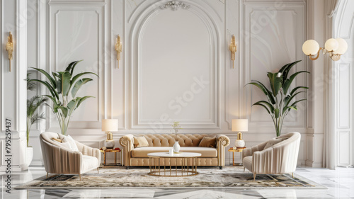 Elegant living room interior with sofa and armchairs in classic style