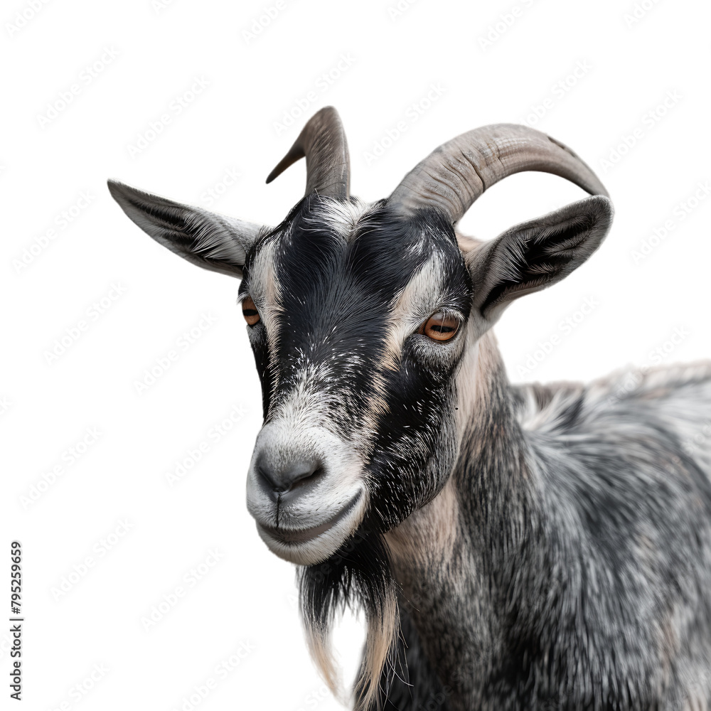 A black and white goat with horns looking at the camera. A black and white goat with horns looking at the camera.