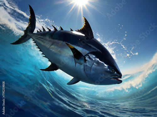 Bluefin tuna jumping from the sea surface