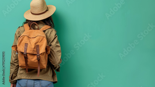 A woman wearing a straw hat and a brown backpack is standing in front of a green wall. Concept of adventure and travel, as the woman is likely preparing for a journey or has just returned from one