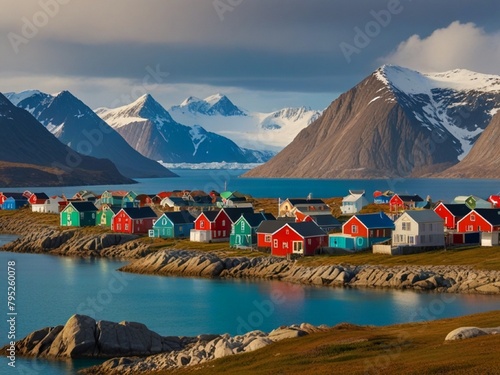 Picturesque village on coast of Greenland with amazing white rainbow - Colorful houses in Tasiilaq, East Greenland photo