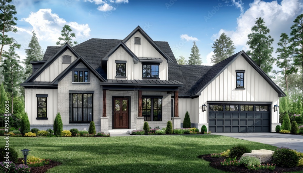 Stylish modern farmhouse  white exterior, black accents, open living area, dark blue grey roof