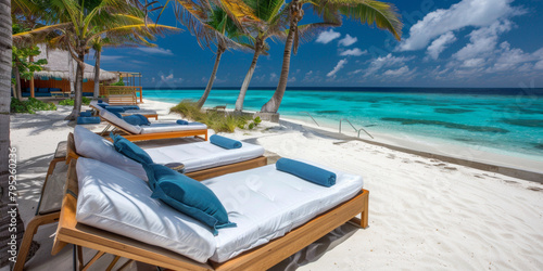 A beach scene with a row of lounge chairs and pillows. The chairs are arranged in a row and are facing the ocean. The pillows are blue and white  and there are several of them on the chairs