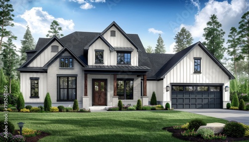 Stylish modern farmhouse white exterior, black accents, open living area, dark blue grey roof