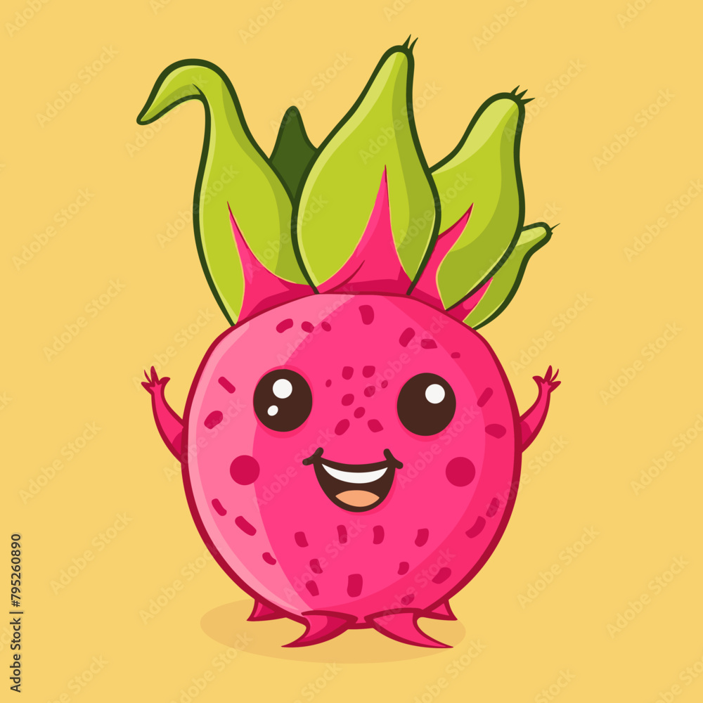 Fototapeta premium A cartoon Dragonfruit with a green stem and a smiling face