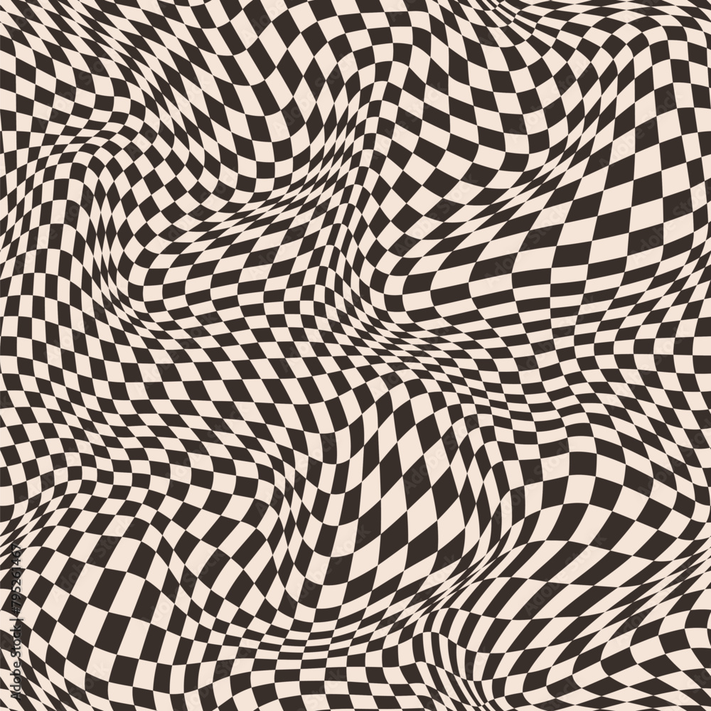 Warped, distorted check seamless vector pattern, black and off white wavy checkered background, groovy psychedelic checkerboard backdrop Warped, distorted check seamless vector pattern, black and off white wavy checkered background, groovy psychedelic checkerboard backdrop