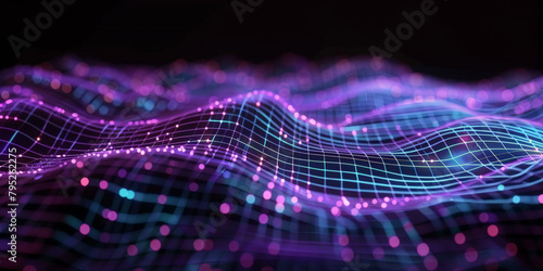 A dark purple background with blue and yellow lines geometric polygonal space low poly network nodes with connected dots and lines on dark blur blue tone background. Concept for digital technology, 