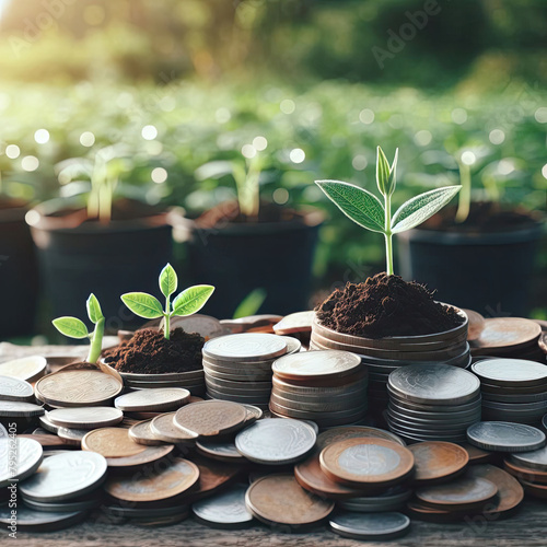 Coins in soil with seedling young plant. Money growth in Finance And Investment concept.