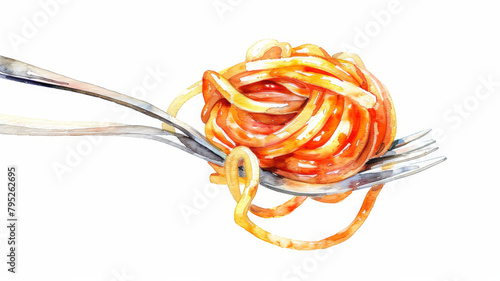 watercolor painting of spaghetti and tomato sauce on a fork
