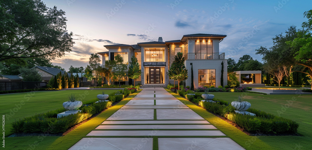 Twilight elegance unveils a sleek, luxurious residence with a manicured yard.