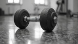 A black and white photo of a dumbbell with the word 