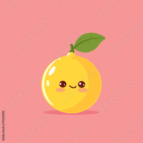 A cartoon lemon with a green leaf on top. The lemon is smiling and has a cute expression