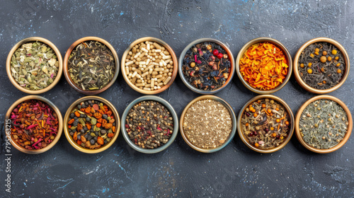 A row of bowls filled with various spices and herbs. The bowls are arranged in a line, with some of them containing more spices than others. The spices are of different colors and sizes