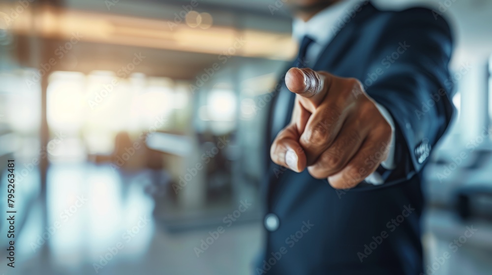 The invisible screen, hand, and businessman with digital innovation, future marketing software or IT. Click, fingerprint, or hand gesture sign for corporate businessman