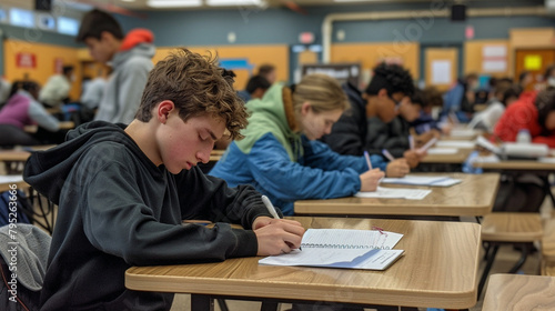 Students Write Final Exam In Classroom, Concentration And Focus, Education Concept, Academic Achievement