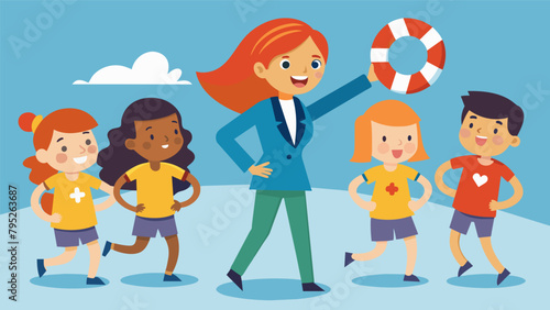 A young girl confidently leads a group of her friends in an emergency drill using the skills she learned at Junior Lifesaver Day to safely