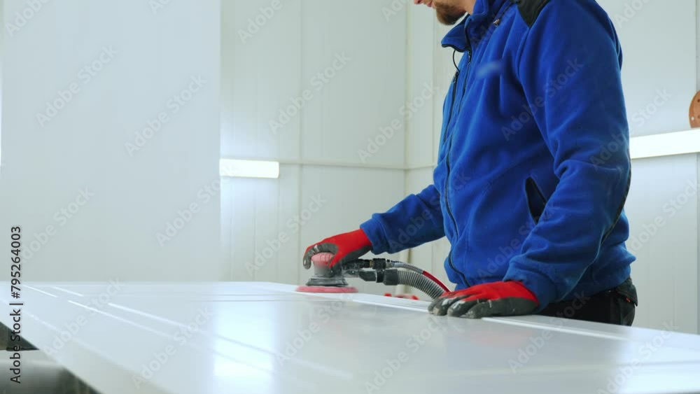 Male carpenter using sander on a piece of wood in his work shop, focusing on a job. High quality 4k footage Male carpenter using sander on a piece of wood in his work shop, focusing on a job. High quality 4k footage