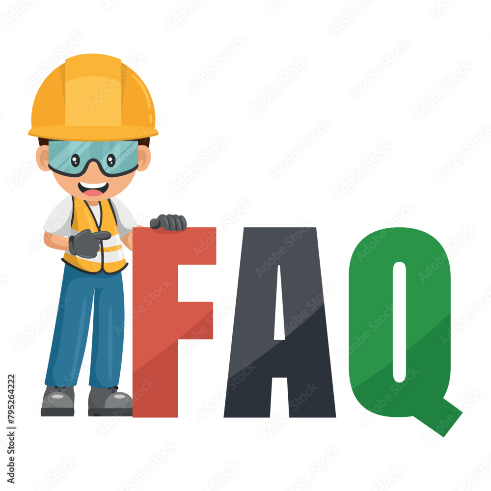 Industrial construction worker with giant FAQ letters, Frequently asked questions concept. Industrial safety and occupational health at work Industrial construction worker with giant FAQ letters, Frequently asked questions concept. Industrial safety and occupational health at work