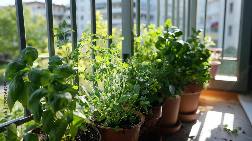 Small Herb Garden On The Balcony Being Tended, Perfect For Gardening And Urban Living Content Small Herb Garden On The Balcony Being Tended, Perfect For Gardening And Urban Living Content