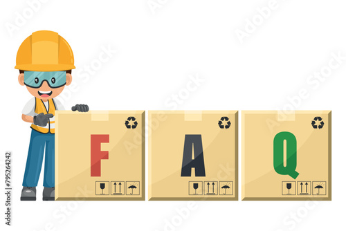 Industrial construction worker with giant FAQ letter boxes, Frequently asked questions concept. Industrial safety and occupational health at work