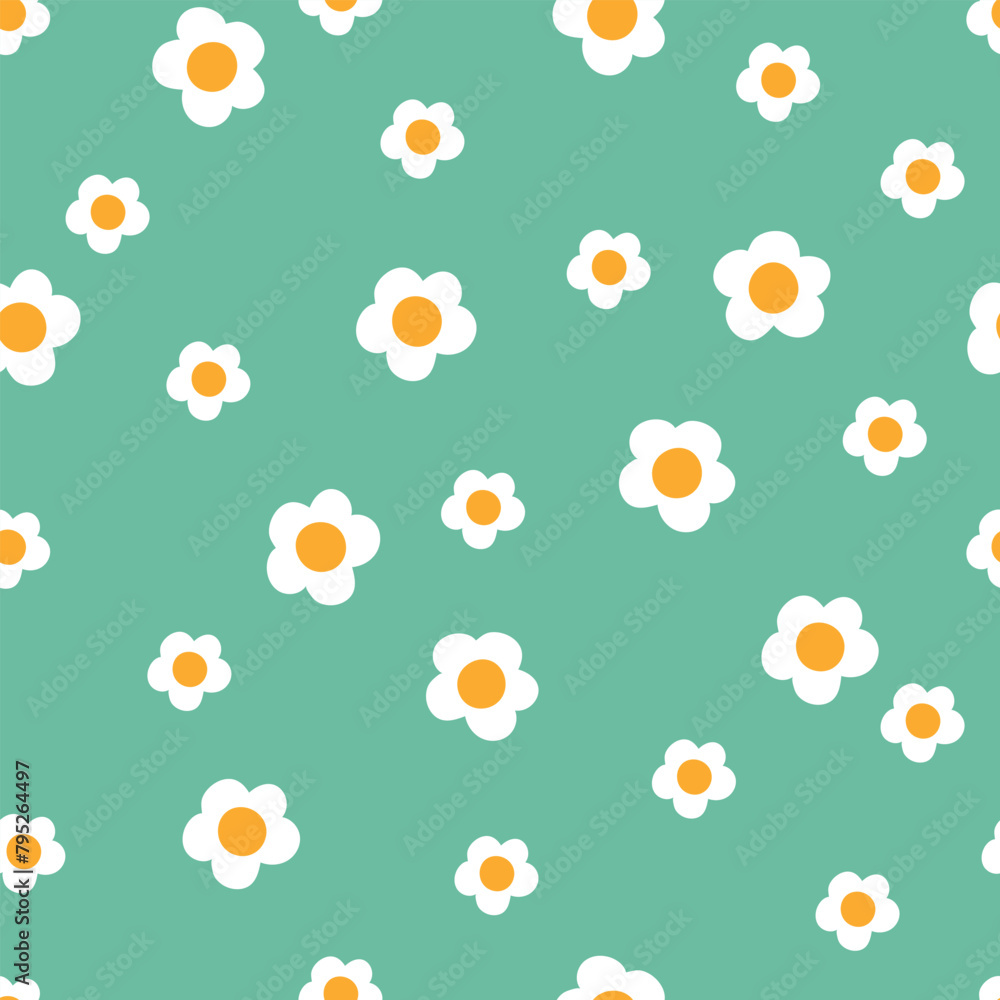 Seamless pattern with white flowers on turquoise background. Vector illustration.	
