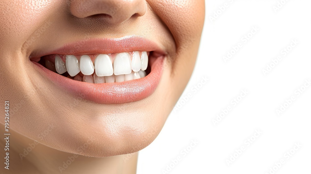 Obraz premium Perfect healthy teeth smile of a woman isolated on a white background.