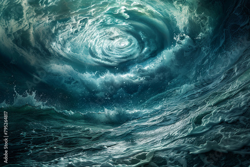 A captivating image of an underwater tornado forming amidst stormy blue water, creating a whirlpool effect with waves swirling around.