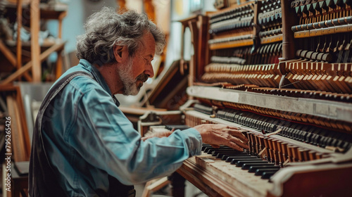 Piano Maker Sits At The Piano Which He Is Restoring, Suitable For Craftsmanship And Music-Related Content