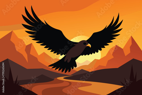 Black eagle over desert landscape, falcon or hawk vector